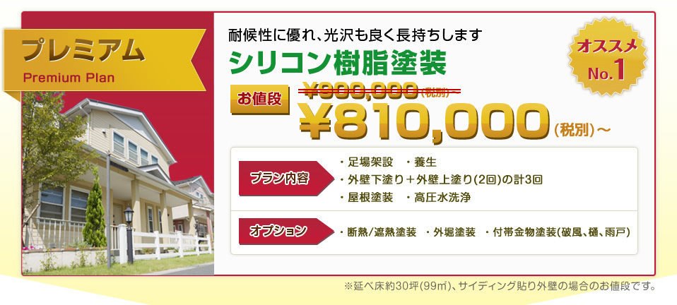 耐候性に優れ、光沢もよく長持ちします。シリコン樹脂塗装 ¥900,000（税別）〜